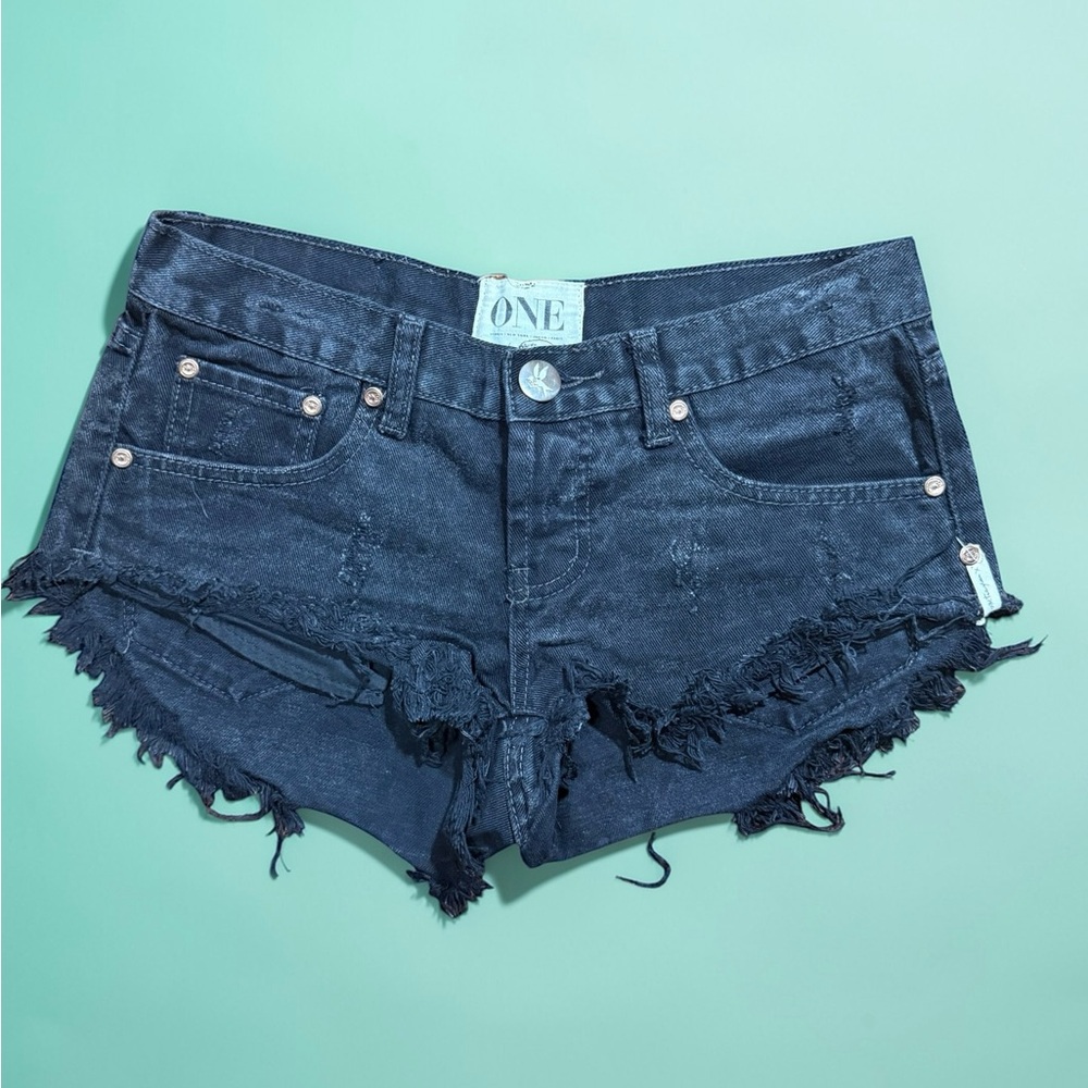 ONE Dark Blue Frayed Denim Shorts